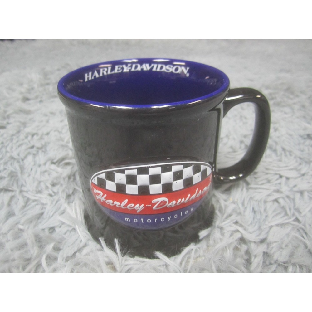 Harley-Davidson Black Ceramic Coffee Mug Racing Checkered Flag Logo Blue Rim